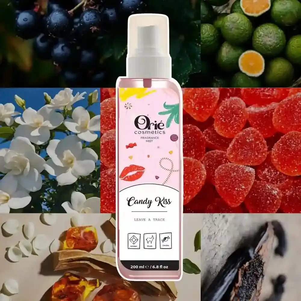 Orie Cosmetics Candy Kiss Fragrance Mist 200ml – Amber, Musk & Candies scent spray bottle