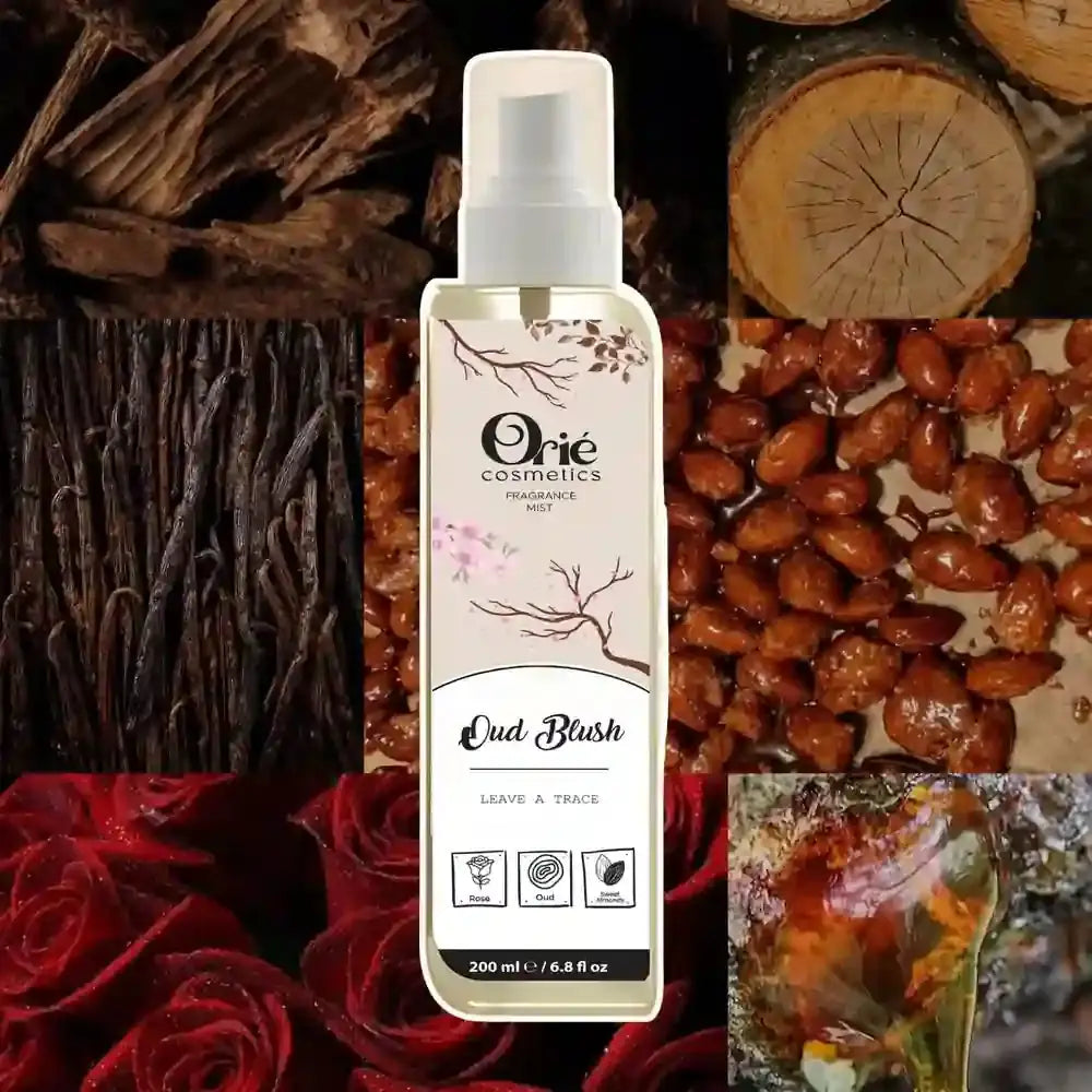 Orie Cosmetics Oud Blush Fragrance Mist 200ml – Rose, Oud & Sweet Almonds scent spray bottle