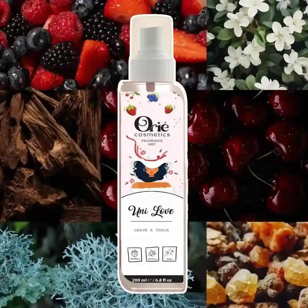Orie Cosmetics Uni Love Fragrance Mist 200ml – Strawberry, Blueberry & Violet scent spray bottle