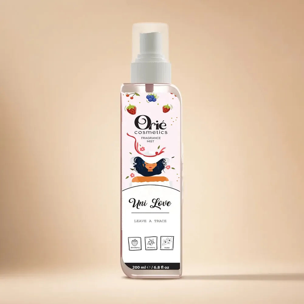 Orie Cosmetics Uni Love Fragrance Mist 200ml – Strawberry, Blueberry & Violet scent spray bottle